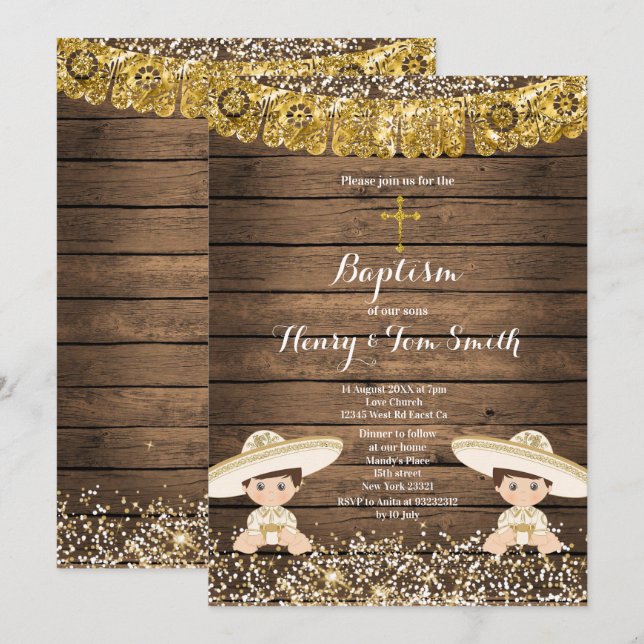 Invitación Twin Fiesta Boy Twin Baptism Christening Wood (Anverso / Reverso)