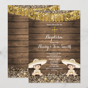 Invitación Twin Fiesta Boy Twin Baptism Christening Wood