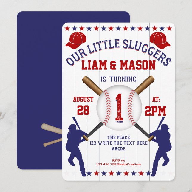 Invitación Twin, First, Baseball, Little Slugger (Anverso / Reverso)