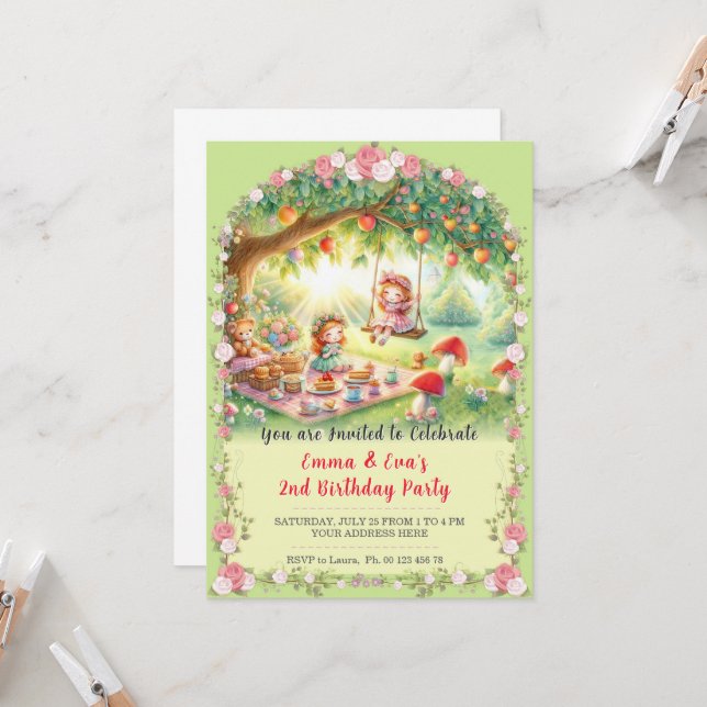 Invitación Twin girls birthday celebration (Anverso/Reverso In Situ)