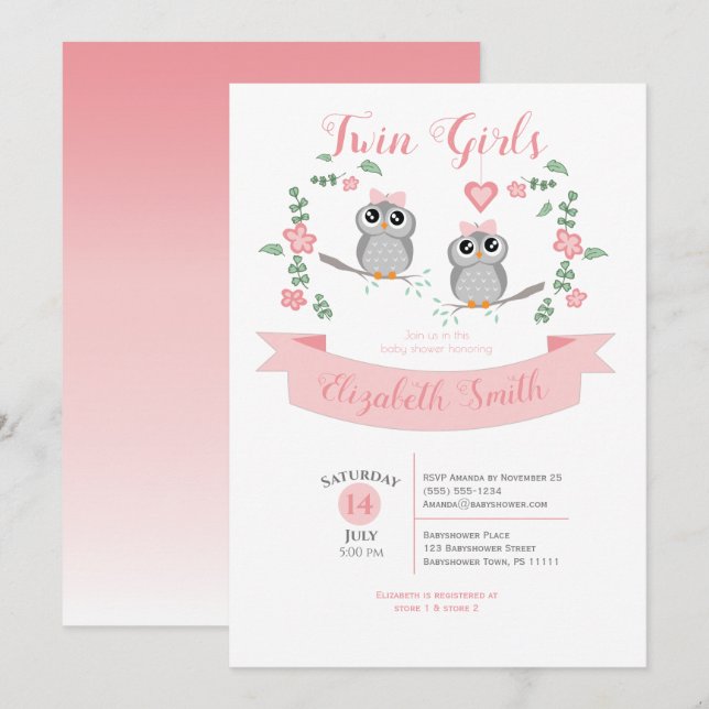 Invitación Twin Girls Cute owls babyshower (Anverso / Reverso)