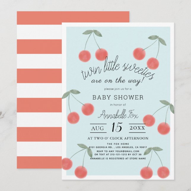 Invitación Twin Little Sweeties Cherries Blue Baby Shower (Anverso / Reverso)