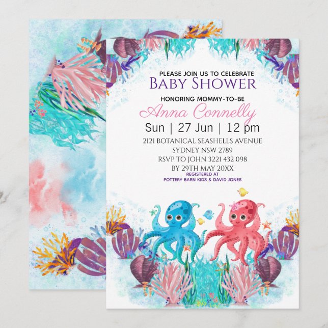 Invitación Twin Ocean Sea Colorful Boy Octopus Baby Shower (Anverso / Reverso)