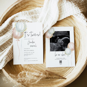 Invitación TWIN Pink & Blue Balloon Gender Revelan baby ducha