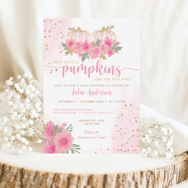 Invitación Twin Rubor Pink and Gold Fall Pumpkin Baby Shower (Subido por el creador)