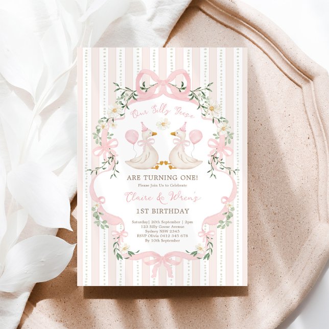 Invitación Twin Silly Geese Pink Bow Sibling Chicas Cumpleaño (Subido por el creador)