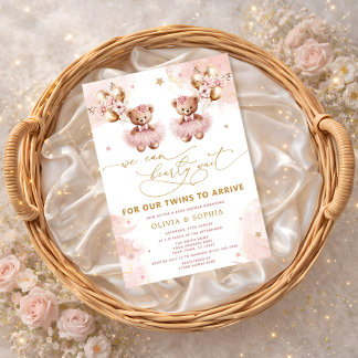 Invitación Twin Teddy Bear We Can Bearly Wait Baby Shower