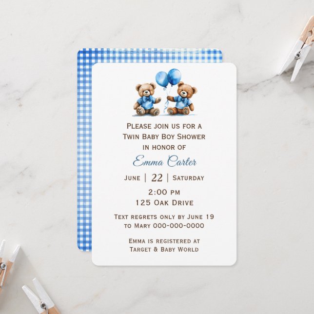 Invitación Twin Teddy Bear with Balloons (Anverso/Reverso In Situ)