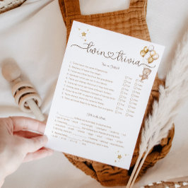 Invitación Twin Trivia Game Teddy Bear Gold Balloons Stars