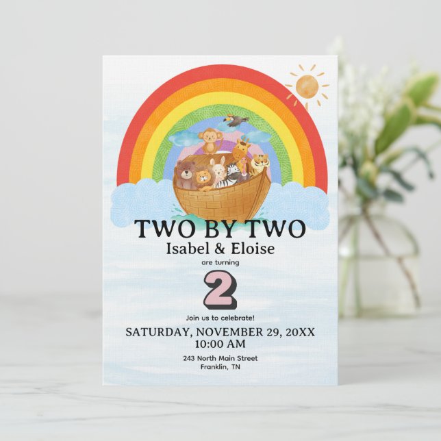 Invitación TWIN Two by Two Noah's Ark Girl Birthday Invite (Anverso de pie)