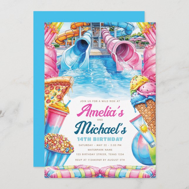 Invitación Twin Waterpark Birthday Double Summer Party (Anverso / Reverso)
