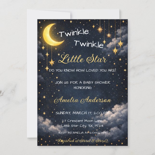 Invitación Twinkle Celestial Estrellita Luna Baby Shower (Anverso)