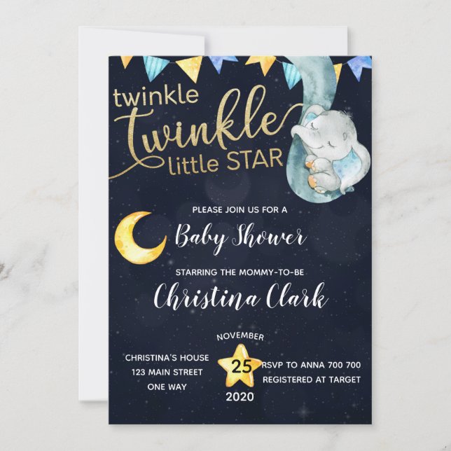 Invitación Twinkle Elephant Moon & Stars Baby Shower (Anverso)