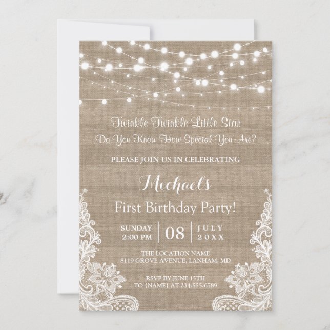 Invitación Twinkle Lights Burlap Lace First Birday Party (Anverso)