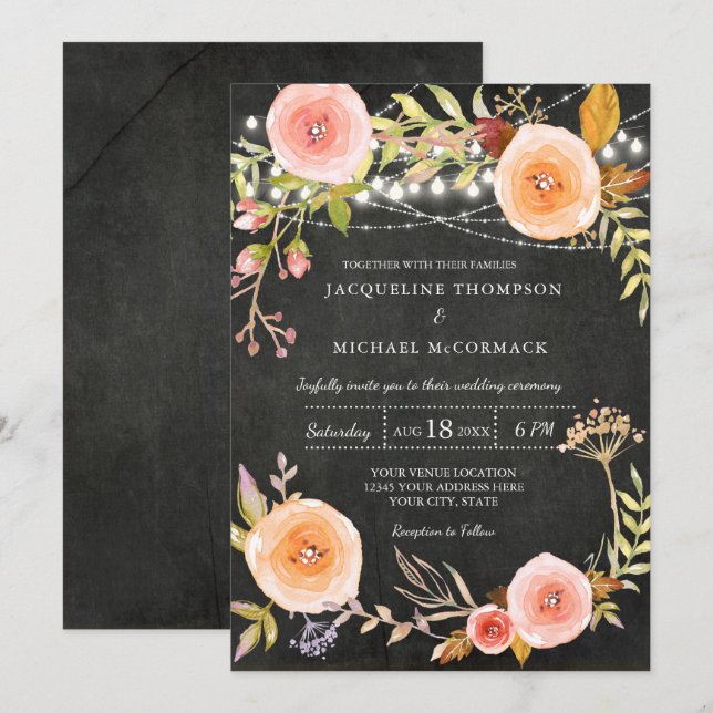 Invitación Twinkle Lights Chalkboard Bridal Shower Floral (Anverso / Reverso)