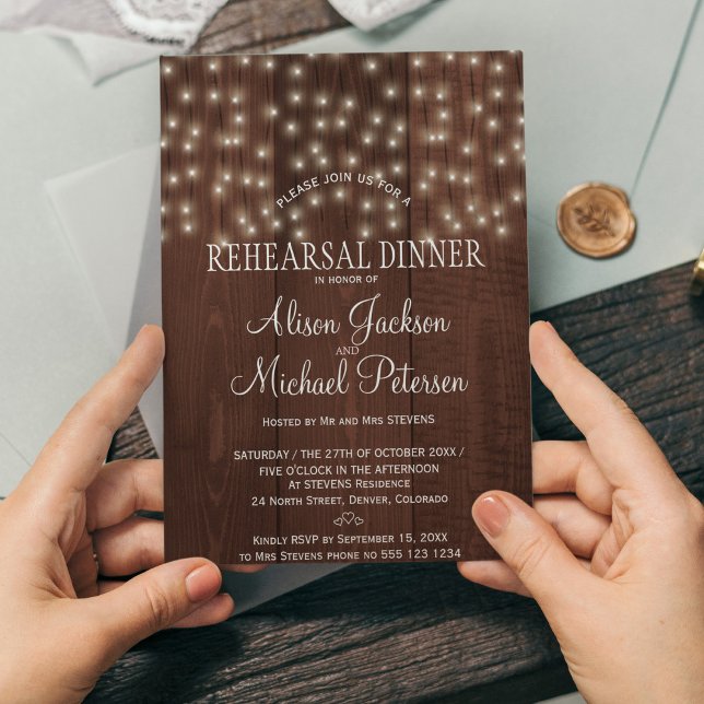 Invitación Twinkle lights rustic night rehearsal dinner (Subido por el creador)