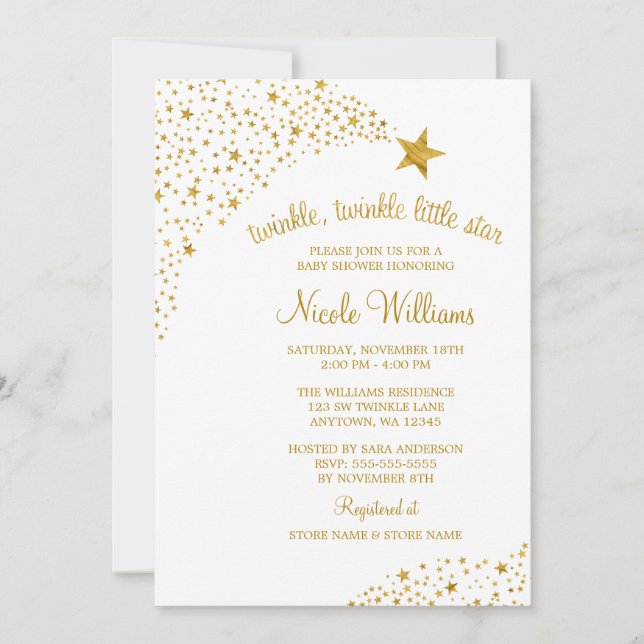 Invitación Twinkle Little Shooting Star Faux Gold Baby Shower (Anverso)