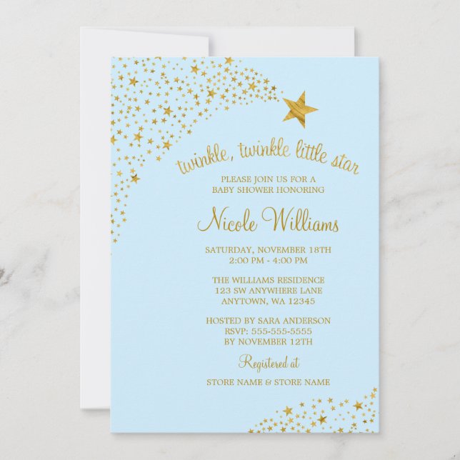 Invitación Twinkle Little Shooting Star Gold Blue Baby Shower (Anverso)