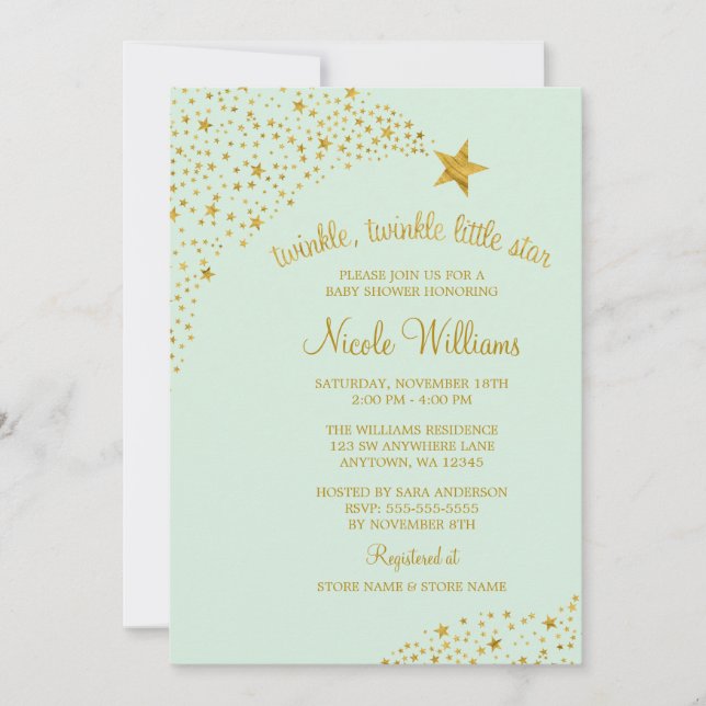 Invitación Twinkle Little Shooting Star Gold Mint Baby Shower (Anverso)