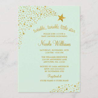 Invitación Twinkle Little Shooting Star Gold Mint Baby Shower