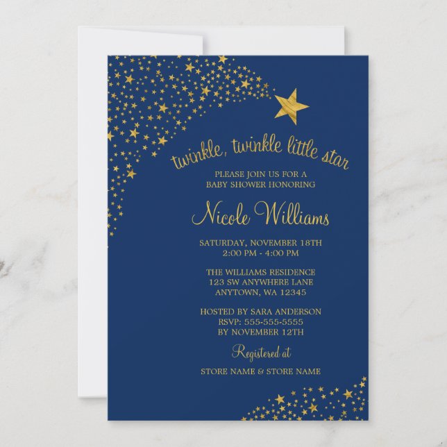 Invitación Twinkle Little Shooting Star Gold Navy Baby Shower (Anverso)