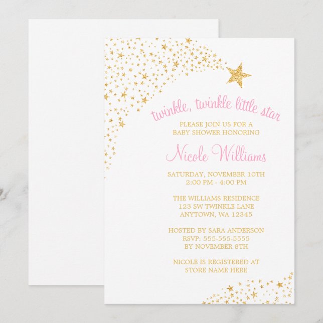 Invitación Twinkle Little Shooting Star Gold Pink Baby Shower (Anverso / Reverso)