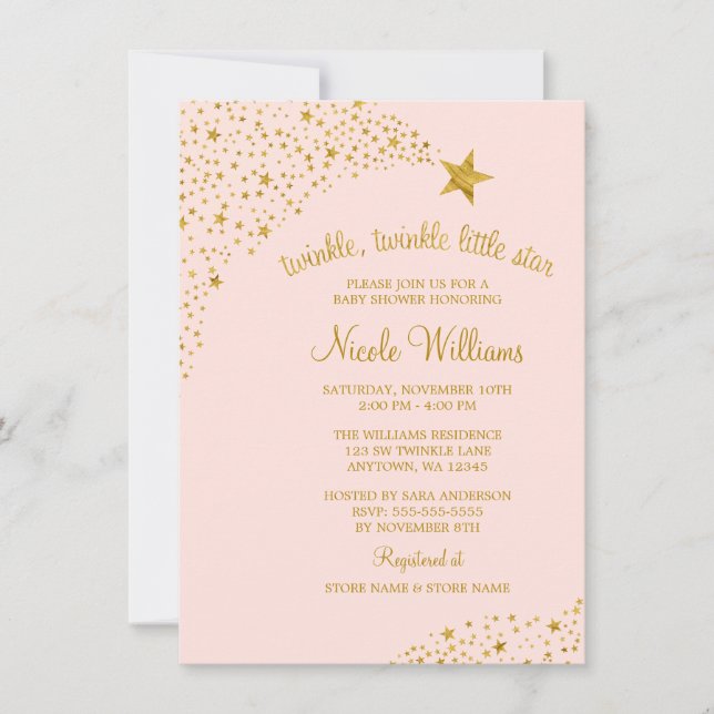 Invitación Twinkle Little Shooting Star Pink Gold Baby Shower (Anverso)