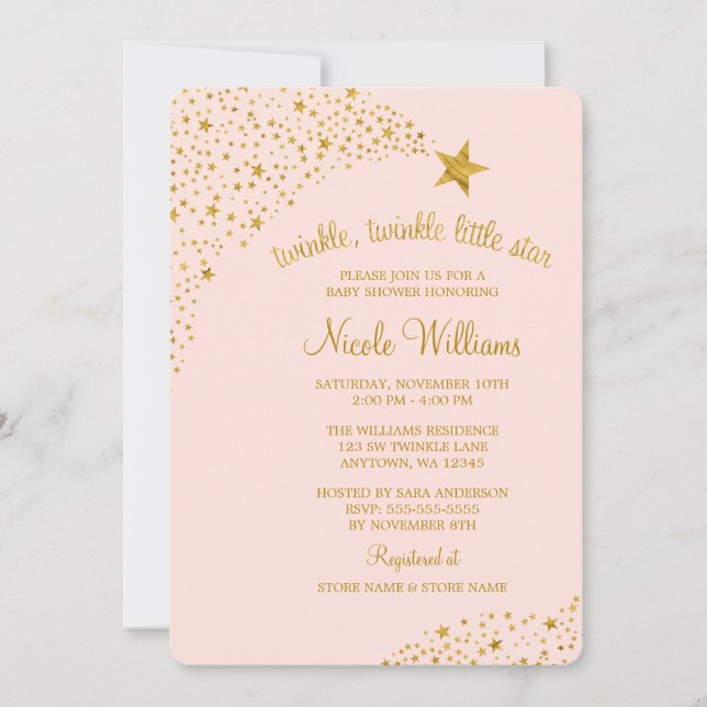 Invitación Twinkle Little Shooting Star Pink Gold Baby Shower (Anverso)