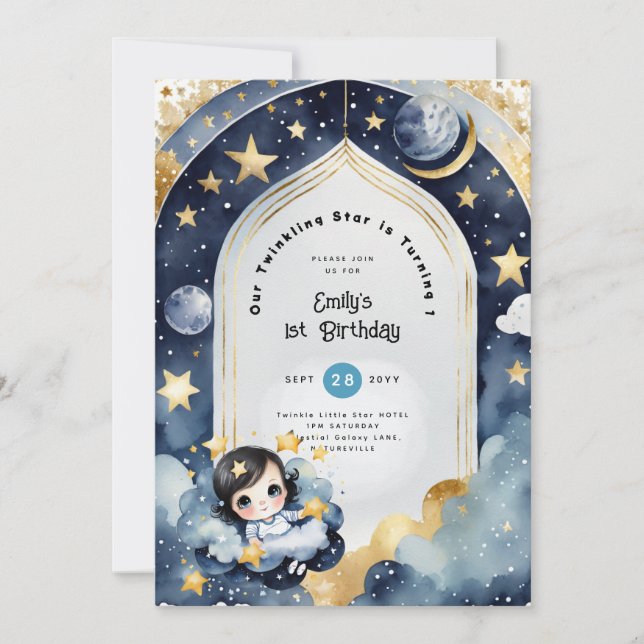 Invitación Twinkle Little Star 1º CUMPLEAÑOS, Chica BABY SHOW (Anverso)