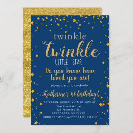 Invitación Twinkle Little Star Baby Blue & Gold Primer cumple