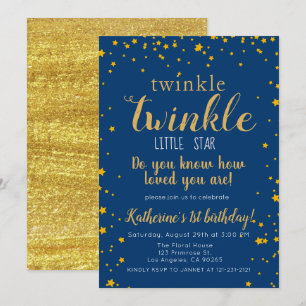 Invitación Twinkle Little Star Baby Blue & Gold Primer cumple