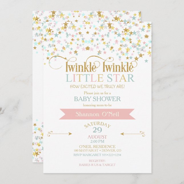 Invitación Twinkle Little Star Baby Shower cualquier color (Anverso / Reverso)