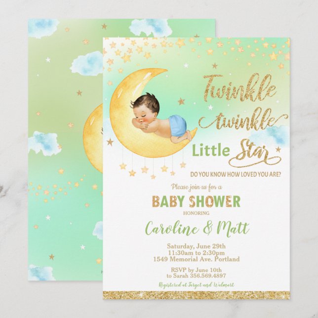 Invitación Twinkle Little Star Baby Shower Gender Neutral (Anverso / Reverso)