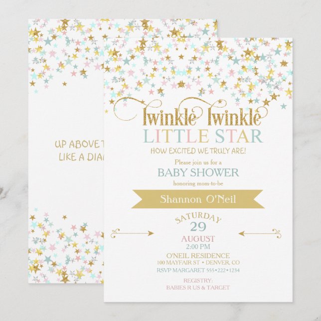 Invitación Twinkle Little Star Baby Shower Gender Neutral (Anverso / Reverso)