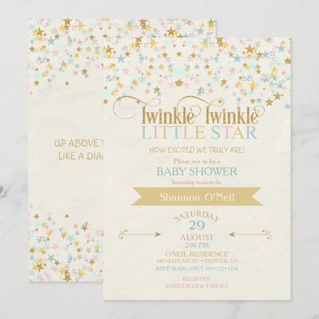 Invitación Twinkle Little Star Baby Shower Gold Aqua (Anverso / Reverso)