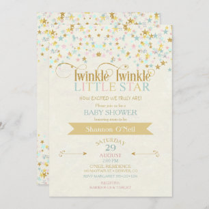 Invitación Twinkle Little Star Baby Shower Gold Aqua