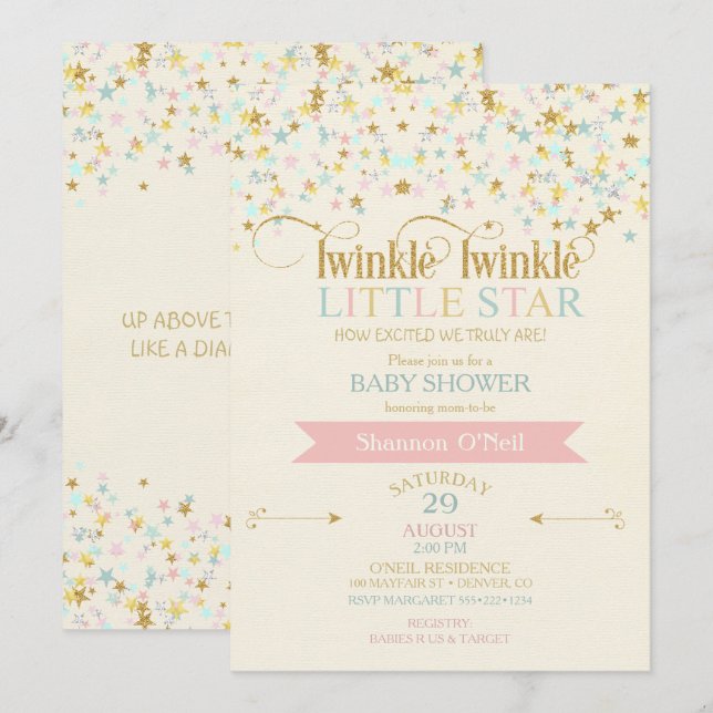 Invitación Twinkle Little Star Baby Shower Gold Aqua Pink (Anverso / Reverso)