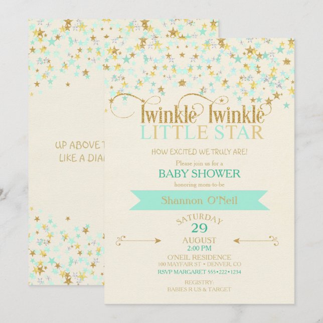 Invitación Twinkle Little Star Baby Shower Gold & Mint (Anverso / Reverso)