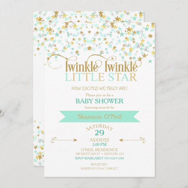 Invitación Twinkle Little Star Baby Shower Gold & Mint (Anverso / Reverso)