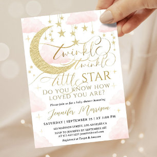 Invitación Twinkle Little Star Baby Shower Niña Rosa Dorado 