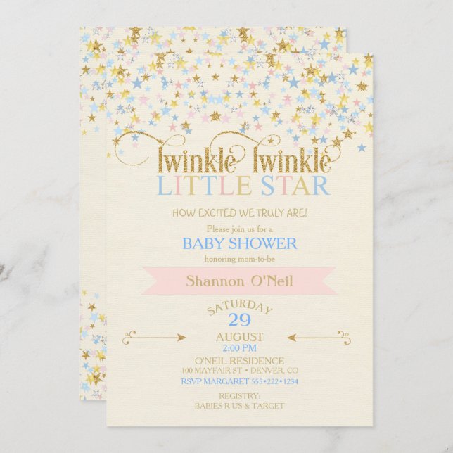 Invitación Twinkle Little Star Baby Shower Pink & Blue (Anverso / Reverso)