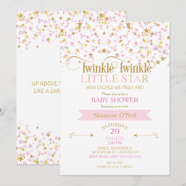Invitación Twinkle Little Star Baby Shower Pink Gold (Anverso / Reverso)