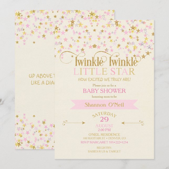 Invitación Twinkle Little Star Baby Shower Pink Gold Creme (Anverso / Reverso)