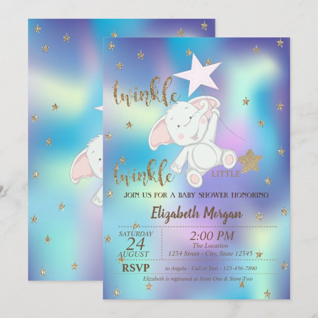 Invitación Twinkle Little Star Bear Holographic Baby Shower (Anverso / Reverso)