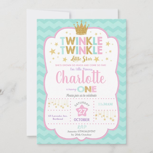Invitación Twinkle Little Star Birthday Invitation Chica (Anverso)