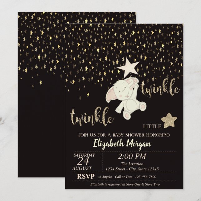 Invitación Twinkle Little Star Black, Gold, Bear Baby Shower (Anverso / Reverso)