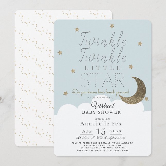 Invitación Twinkle Little Star Blue Boy Virtual Baby Shower (Anverso / Reverso)