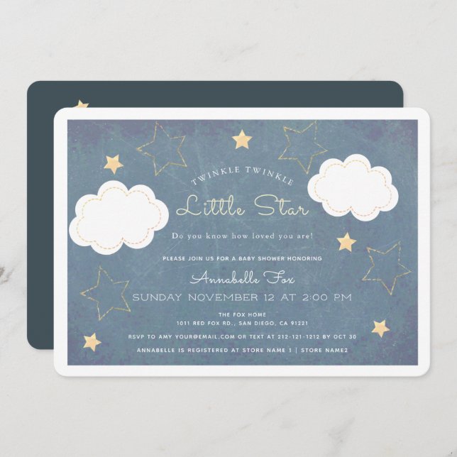 Invitación Twinkle Little Star Blue Chalkboard Baby Shower (Anverso / Reverso)