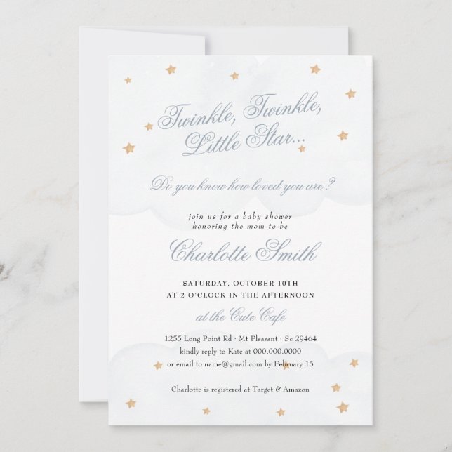 Invitación Twinkle Little Star Blue Cute Elegante Baby Shower (Anverso)