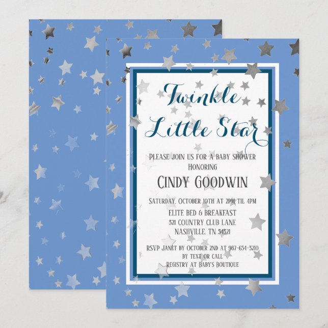 Invitación Twinkle Little Star Blue Silver Stars Baby Shower (Anverso / Reverso)
